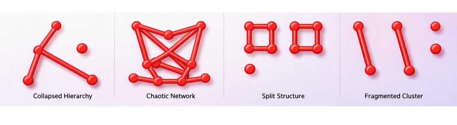 Advanced Organizational Fragmentation: Collapsed Hierarchy, Chaotic Network, Split Structure and Fragmented Cluster